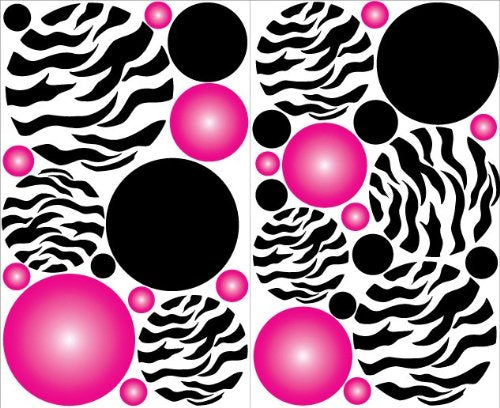 Radial Hot Pink and Zebra Print Dot Wall Decals / Zebra Print Circle Wall Decals / Stickers