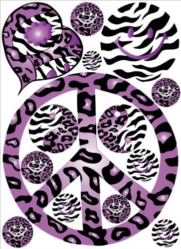 Sixties Theme Purple Leopard / Cheetah and Zebra Print Peace Sign Wall Decals / Peace Stickers