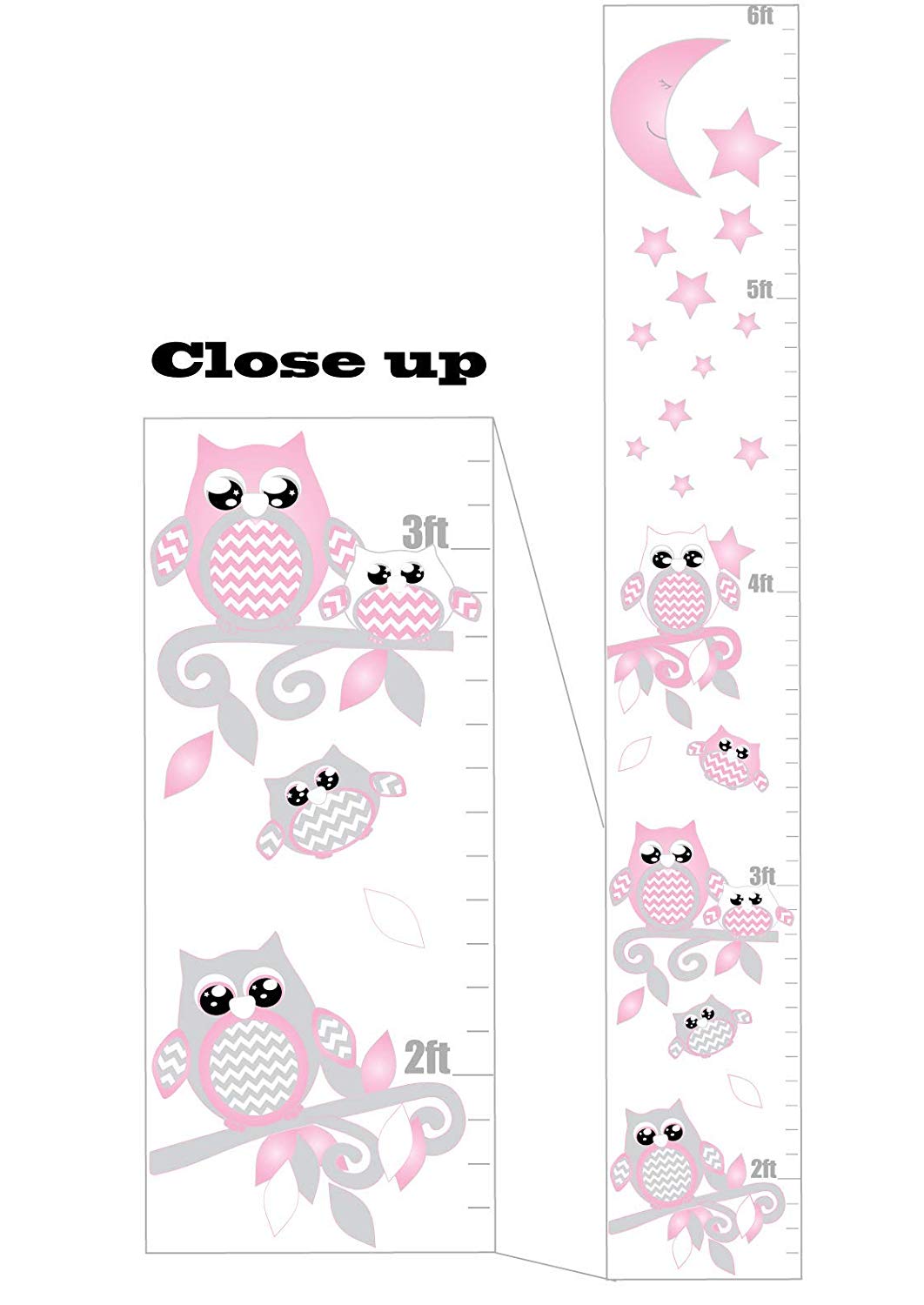 Pink and Grey Owl Growth Chart Wall Art with Chevrons, Moon and Stars Woodland Forest Animals Nursery Wall Decals