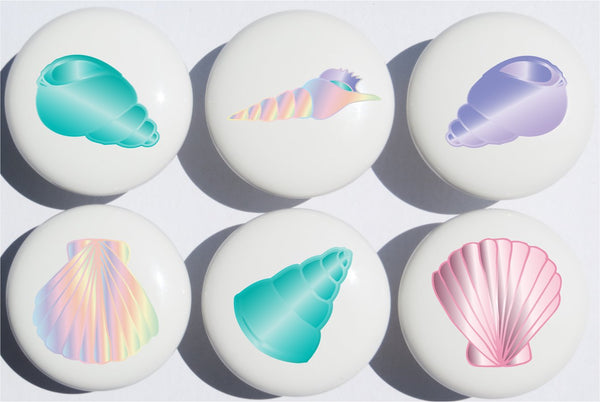Sea Shell Drawer Pulls/Seashell Beach Decor Ceramic Cabinet Drawer Knobs/Set of 6