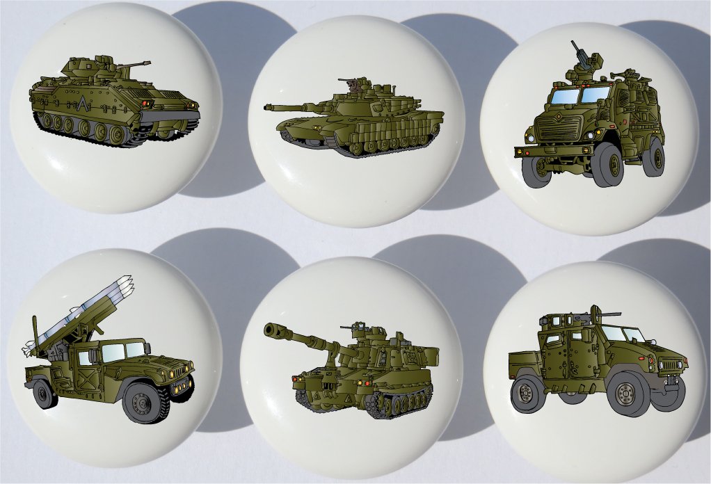 Armored Trucks and Tanks Drawer Pulls / Ceramic Drawer Knobs with Tanks, and Military Vehicles , 6 Set (Green)