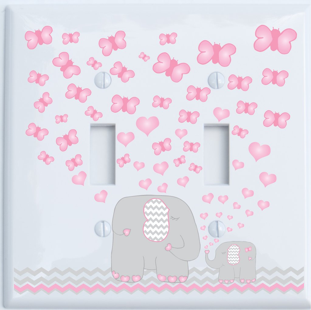 Pink Elephant Light Switch Plate and Outlet Covers/Elephant Nursery Decor with Grey and Pink Chevrons with Pink Hearts and Butterflies