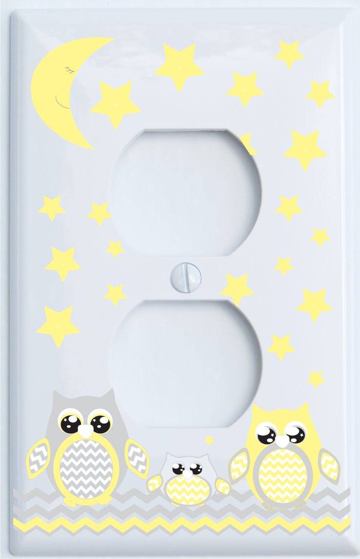 Grey and Yellow Owl Light Switch Cover Wall Plate Outlet Cover
