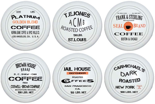 Vintage Coffee Crate Logo Signs Drawer Knob Pulls, Designer Antique Advertizement Sign Coffee Shop Ceramic Kitchen Cabinet Hardware Handles (Set of 6)