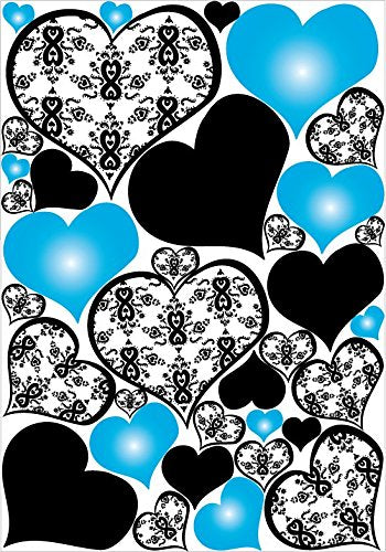 Blue Damask Print Heart Wall Decals / Stickers