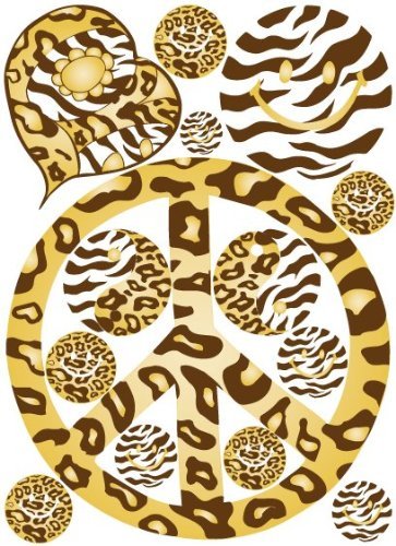 Sixties Theme Peace Sign Brown and Gold Leopard, Cheetah and Zebra Print Wall Stickers Decals