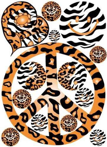 Sixties Theme Orange Peace Sign Leopard, Cheetah, and Zebra Print Wall Decals / Stickers