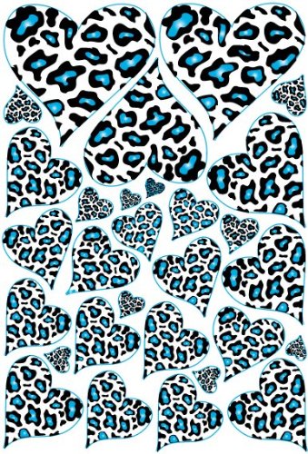 White with Blue Leopard Print Heart Wall Decals / Stickers