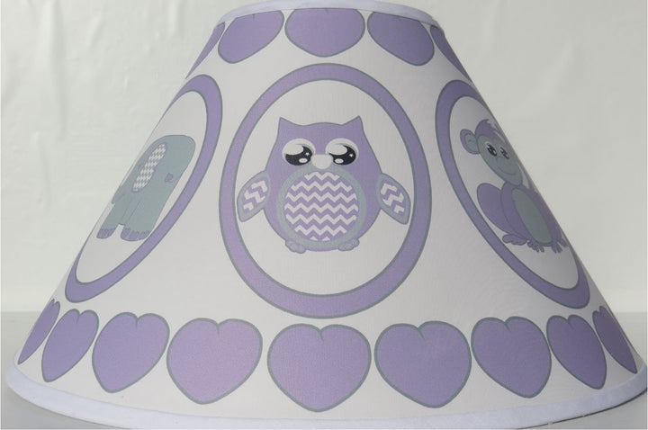 Purple Baby Safari Lamp Shade with Elephants, Owl, Zebra, Giraffe, Hippo, Lion and Monkey Nursery Decor
