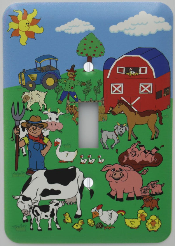 Barnyard Animal Farm Light Switch Plate Cover with Barn , Horse, Goat, Pigs, Ducks, Chickens, and Sheep