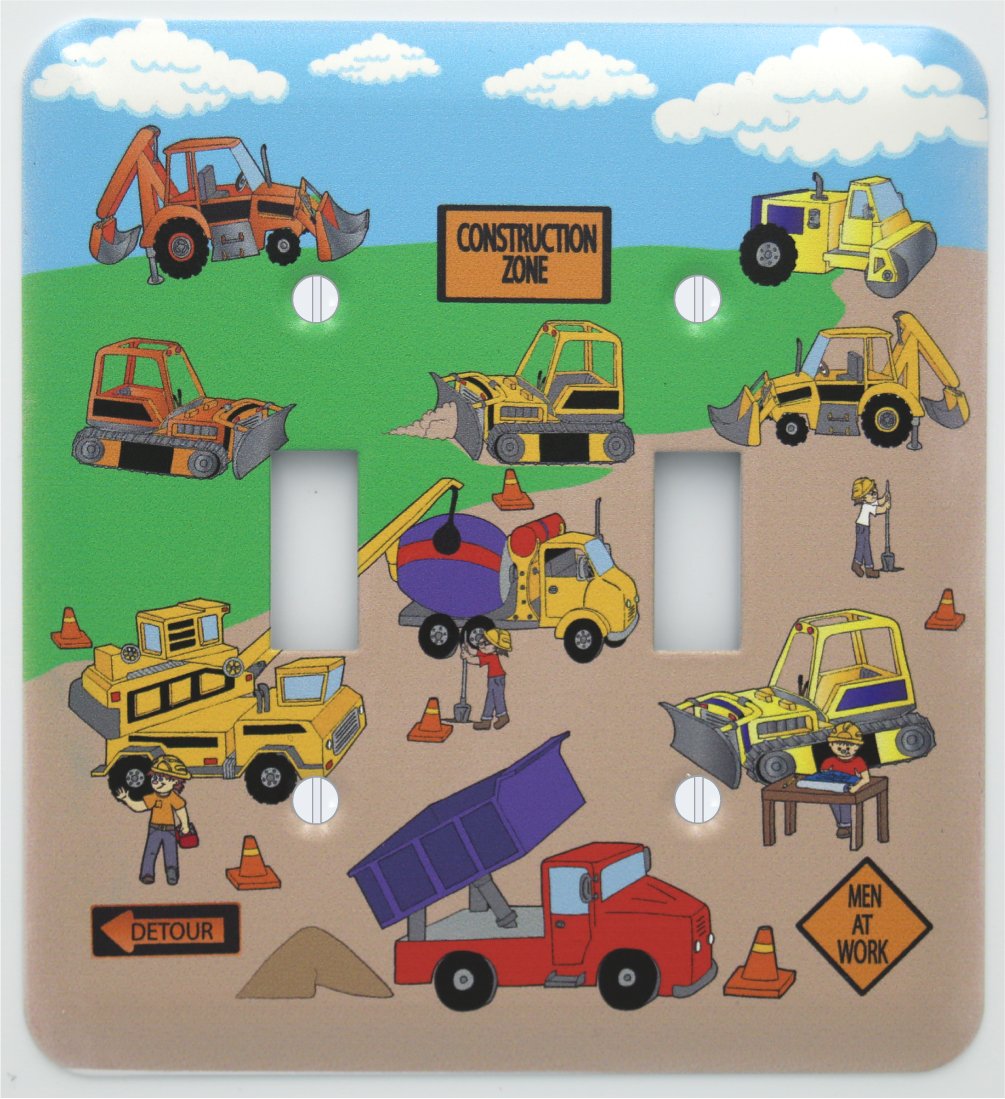 Construction Light Switch Plates Double Toggle with Bulldozers, Cement Truck, and Dump Trucks.