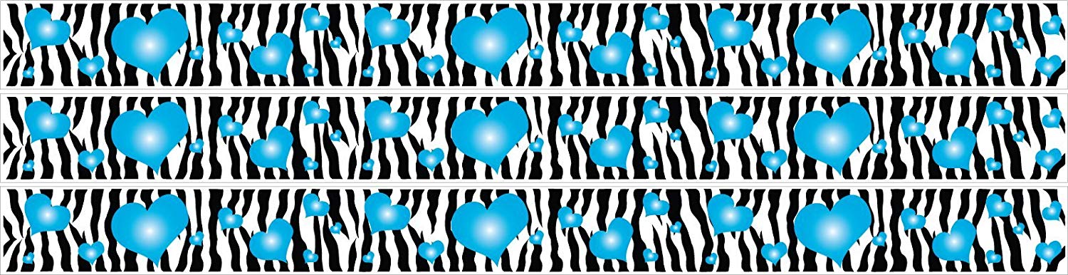Zebra Print Border with Blue Turquoise 3d Hearts / 3 Zebra Borders Measuring 52in Each or 13 Feet Total