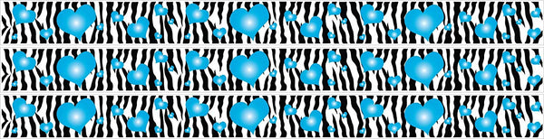 Zebra Print Border with Blue Turquoise 3d Hearts / 3 Zebra Borders Measuring 52in Each or 13 Feet Total