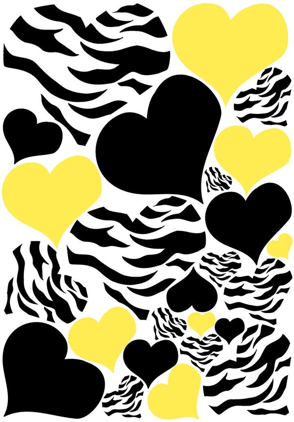 Zebra Print Heart Wall Decals with Black and Yellow Heart Wall Stickers, Graphics