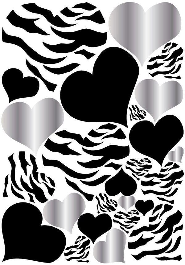 Zebra Print, Silver and Black Heart Wall Stickers,decals, Graphics