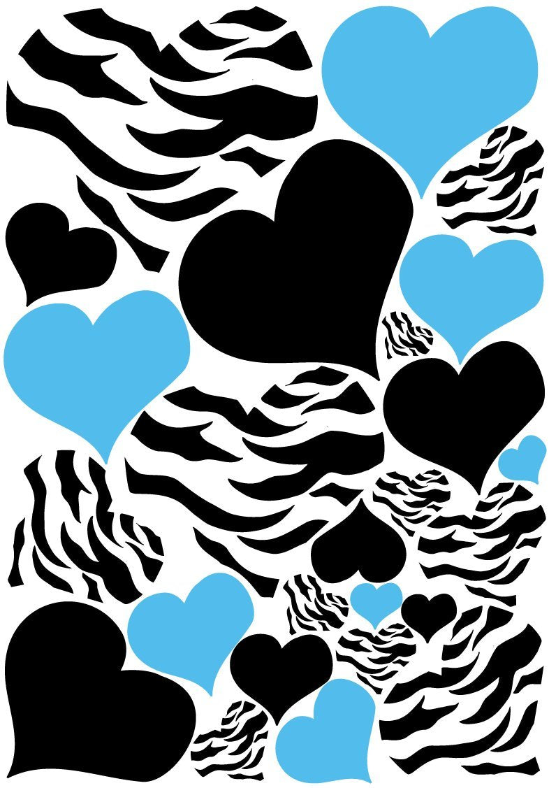 Zebra Print, Black and Blue Heart Wall Stickers,decals, Graphics