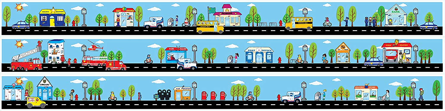 Tiny Town Street Road Wall Border Wall Decal  4.5 inch x 13 Feet of Roads with Cars and Trucks and Buildings