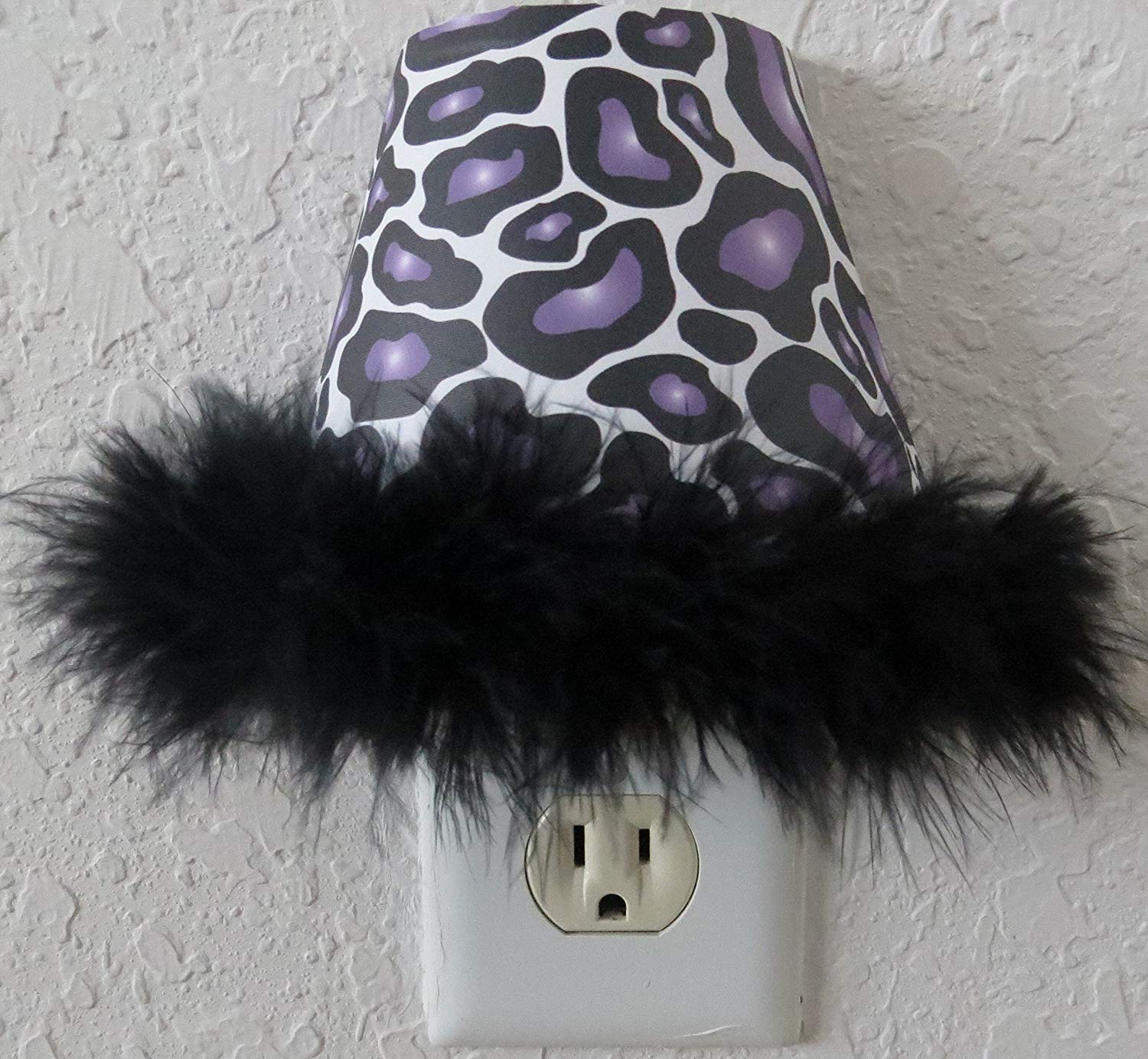 Purple Leopard Print Night Light with Black Feathered Boa in Purple and Black