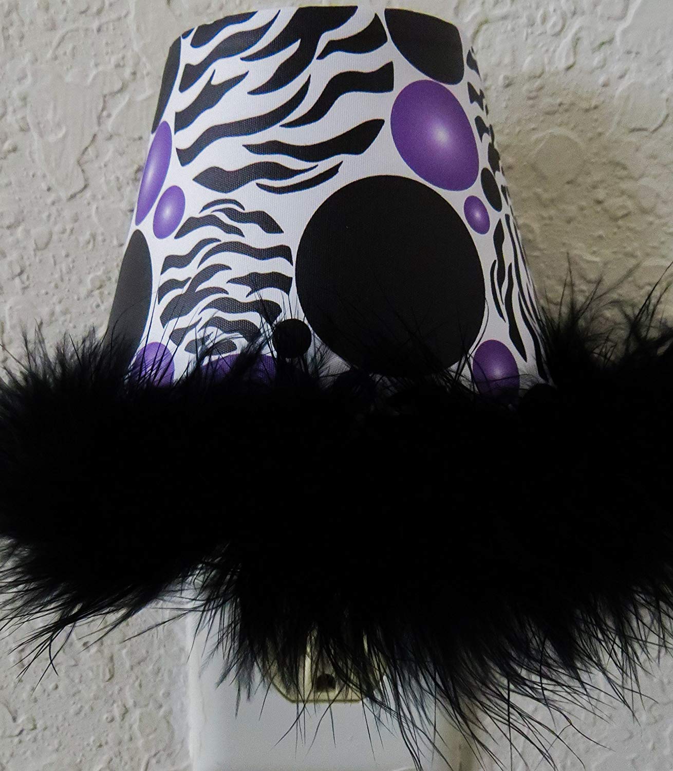 Zebra Print Dots Night Lights with Purple and Black Polka Dots and a Black Boa At Bottom