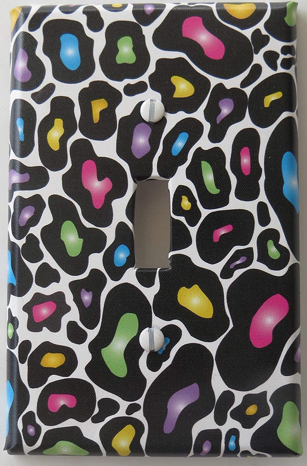 Multicolored Leopard Print Switch Plate Cover in Blue, Pink, Yellow, Orange, and Green Leopard Print