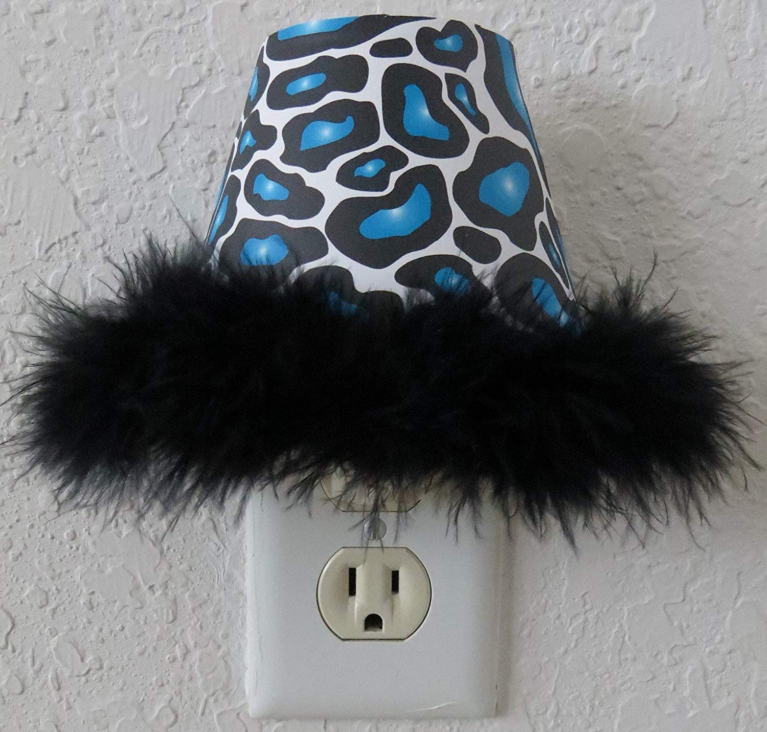Blue Leopard Print Night Light with Black Feathered Boa in Turquois and Black