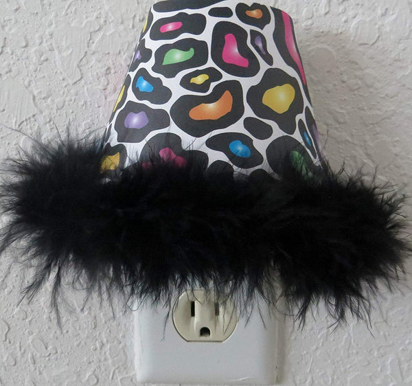 Multicolored Leopard Print Night Light with Black Feather Boa Trim, in Hot Pink, Purple, Blue, Green, Yellow and Orange