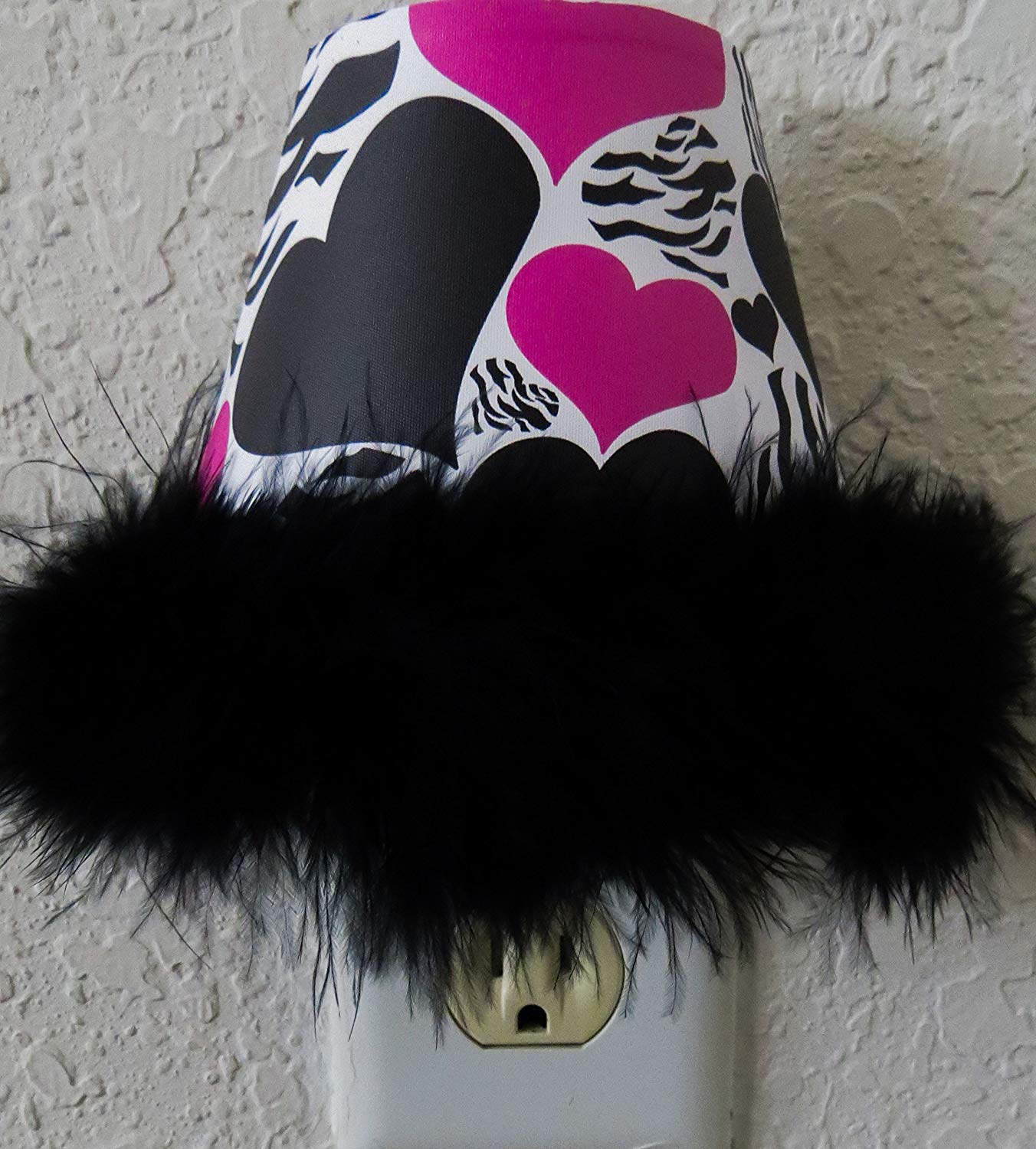 Zebra Priint Heart Night Lights in Hot Pink and Black with a Black Boa At Bottom