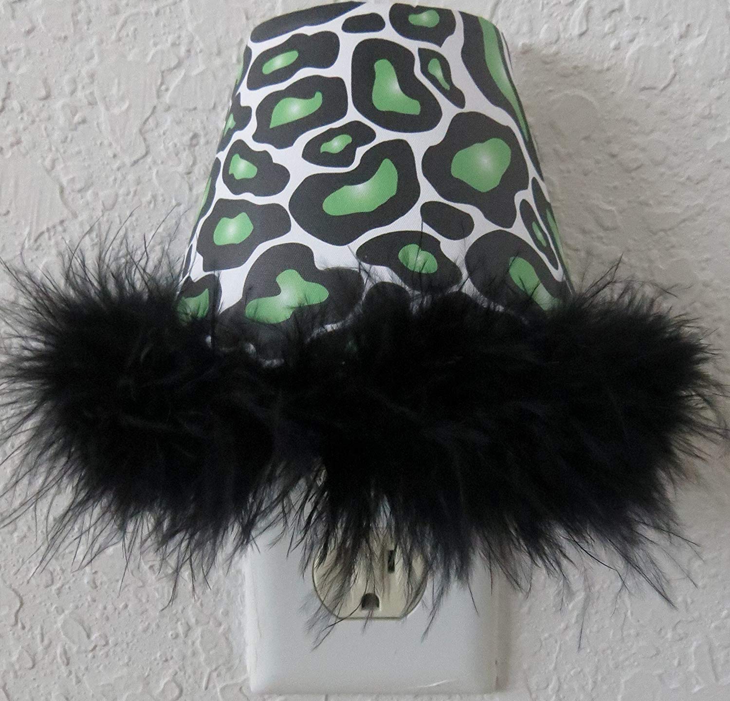 Green Leopard Print Night Light with Black Feathered Boa Trim in Green and Black