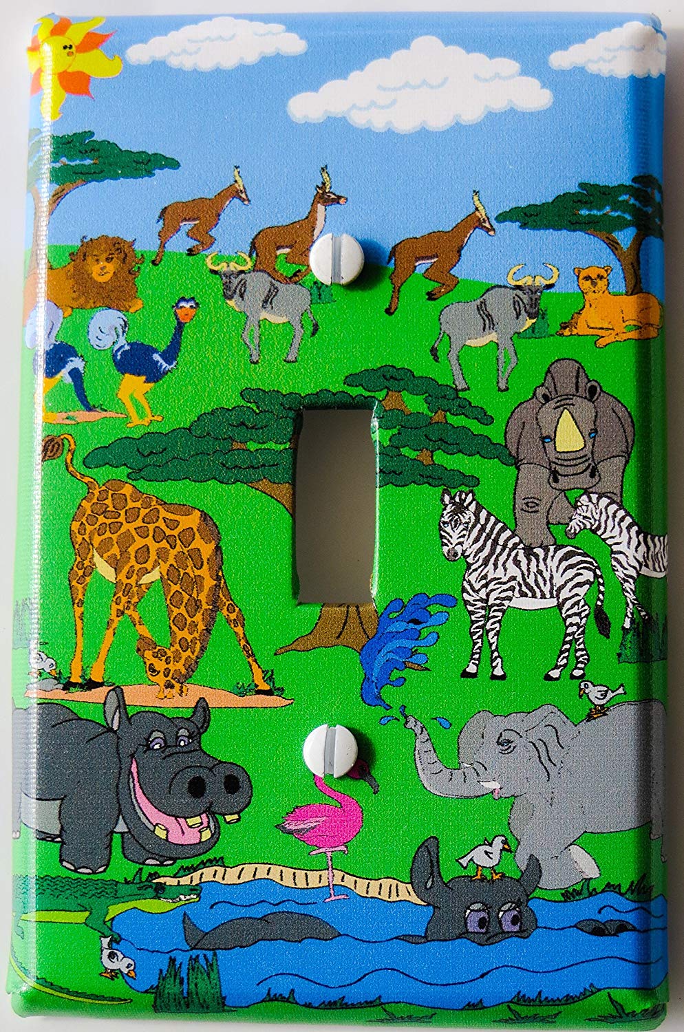 Animals Safari Light Switch Plate Cover Single Toggle African Wildlife Animal Wall Decor with Zebras, Giraffes, Hippos, Elephants