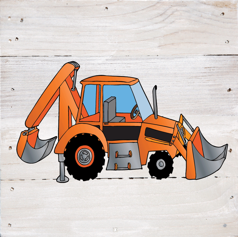 Construction Trucks Art Prints on a White Washed 6 x 6 Rustic Natural Wood Pallet