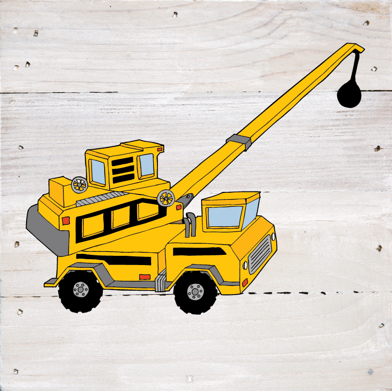Construction Trucks Art Prints on a White Washed 6 x 6 Rustic Natural Wood Pallet
