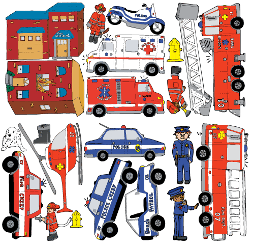 Large Fire Truck and Police Rescue Vehicles Wall Decor Sticker Set
