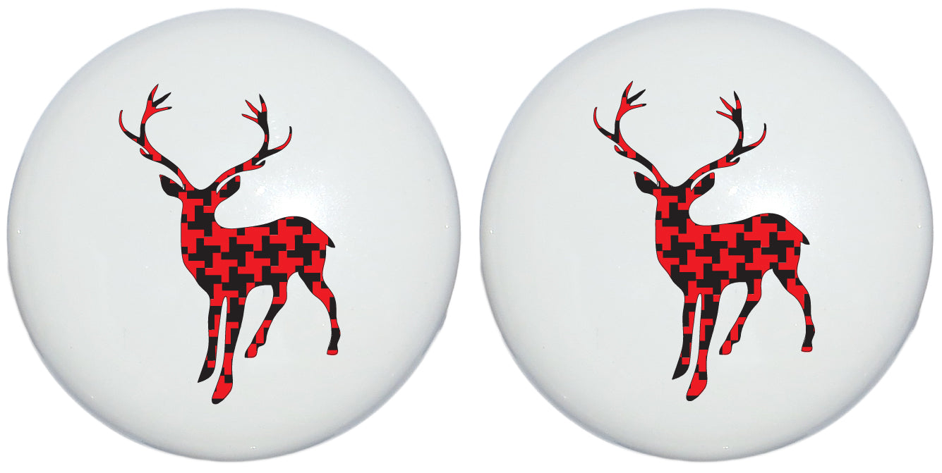 Deer Elk Reindeer Drawer Knobs Pulls Ceramic Houndstooth Christmas Decor