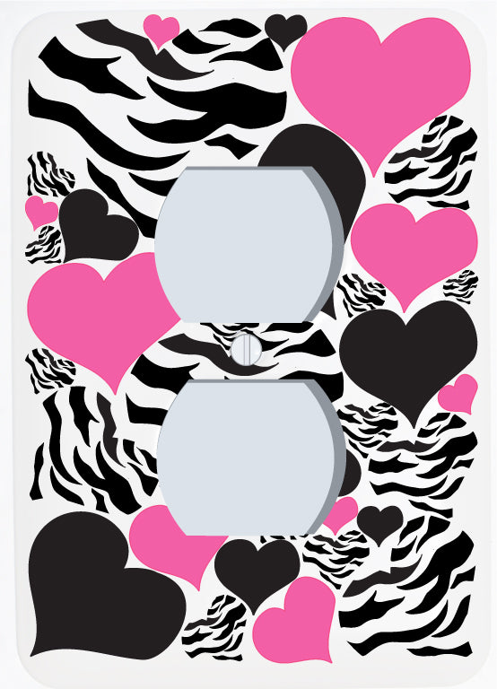 Zebra Print Hearts Light Switch Plate Covers / Childrens Wall Decor in Hot Pink and Black