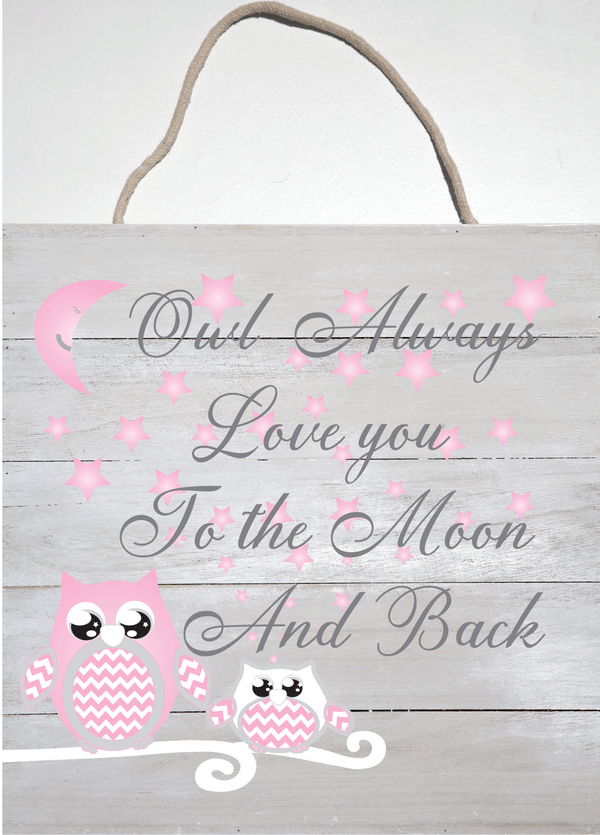 White Washed Pink Owl Moon and Stars Natural Wood Pallet Wall Hanging Nursery Decor Art