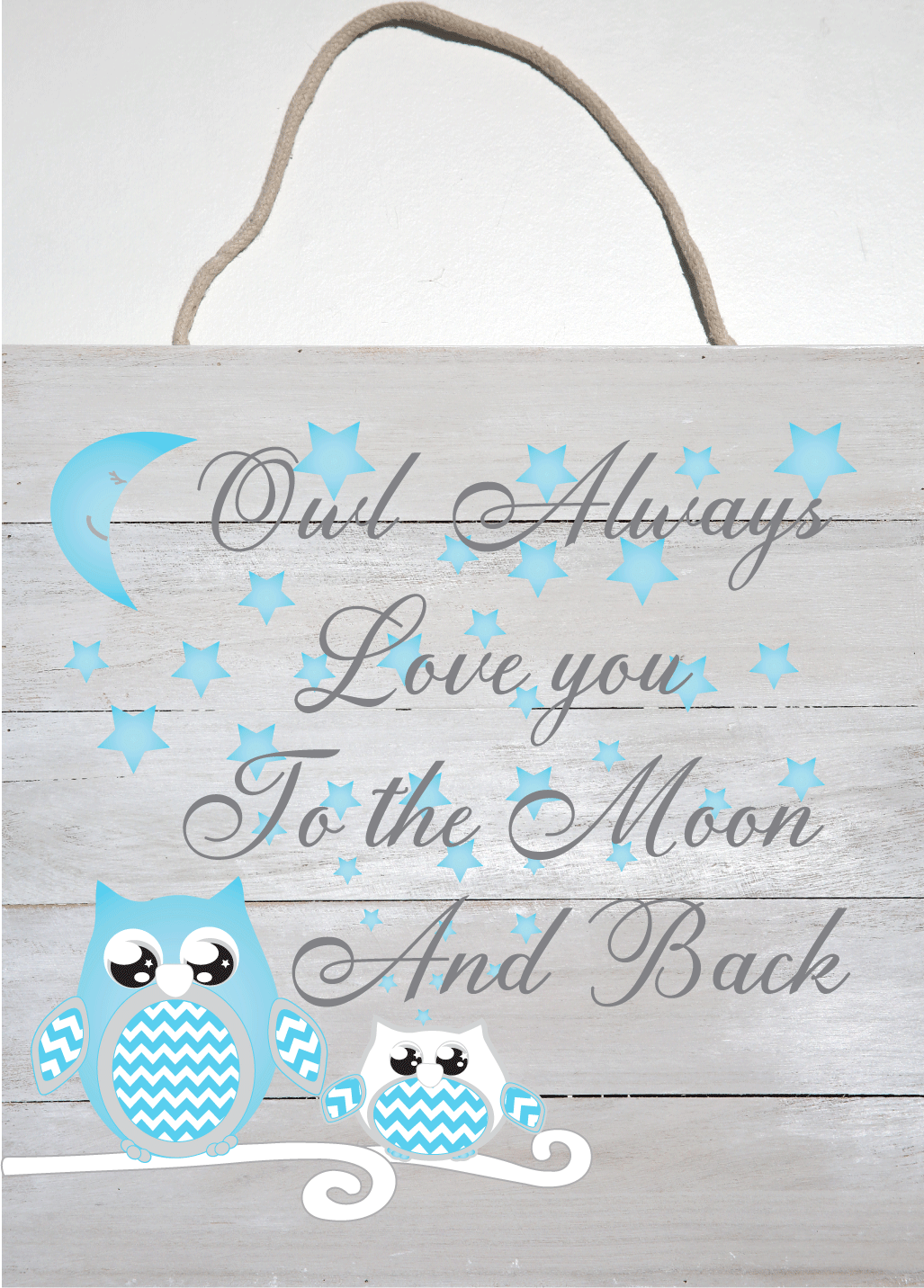 White Washed Blue Owl Moon and Stars Natural Wood Pallet Wall Hanging Nursery Decor Art