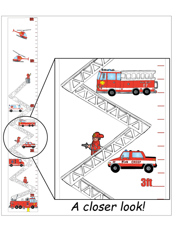 Fire Truck Growth Chart Wall Art Decor Vinyl Removable Adhesive Fire Fighters Wall Decals Stickers