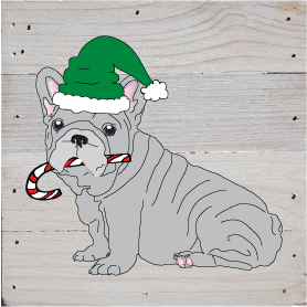 Holiday French Bulldog Art Prints on a White Washed 6 x 6 Rustic Natural Wood Pallet