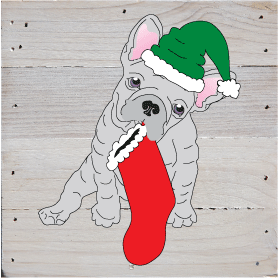 Holiday French Bulldog Art Prints on a White Washed 6 x 6 Rustic Natural Wood Pallet