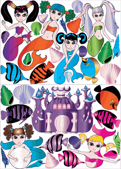 Mermaid Wall Decals Stickers Mural Decor with Mermaids snf Sea Shells