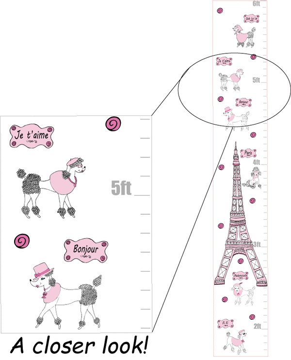 Pink Poodles in Paris Growth Chart Wall Art  Paris Wall Decals Stickers Kids Decor